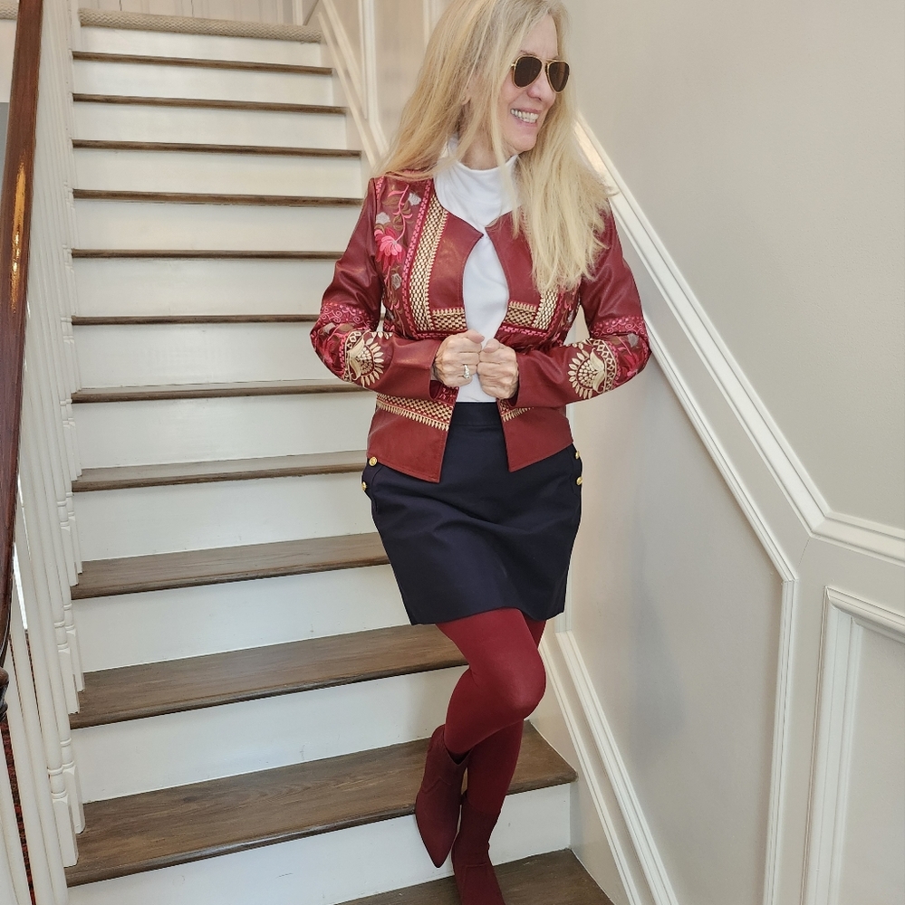 Tiramisu New Embroidered Vegan Leather Cropped Jacket, Small, $50 - Picture 6 of 15